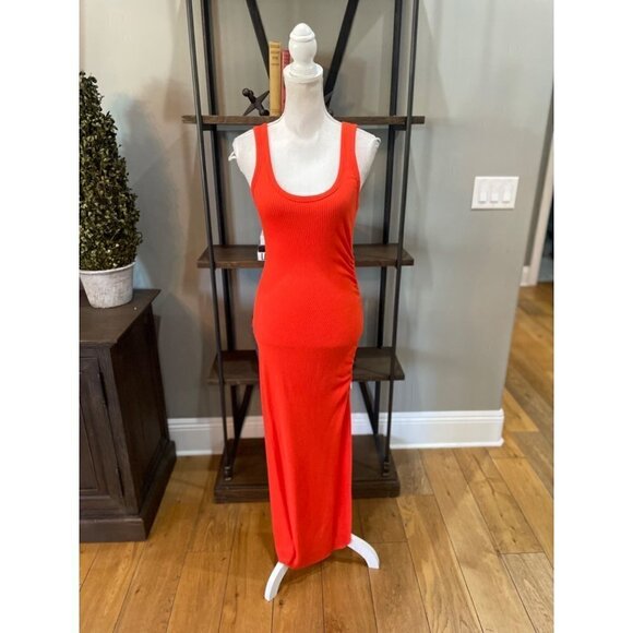 The Range Alloy Rib Cinched Bodycon Midi Dress Fuego Red Orange Womens Medium - Picture 7 of 13